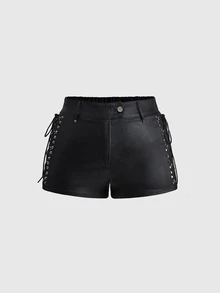 ROMWE Grunge Punk Punk Metal Rivet Lace-Up Design Mini Leather Shorts Plus Size - Black - View 2