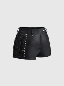 ROMWE Grunge Punk Punk Metal Rivet Lace-Up Design Mini Leather Shorts Plus Size - Black - View 3