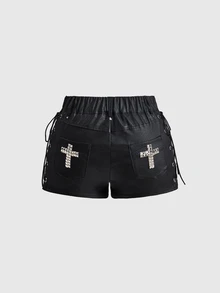 ROMWE Grunge Punk Punk Metal Rivet Lace-Up Design Mini Leather Shorts Plus Size - Black - View 1
