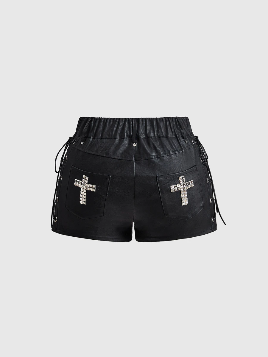 ROMWE Grunge Punk Punk Metal Rivet Lace-Up Design Mini Leather Shorts Plus Size - Black - View 1