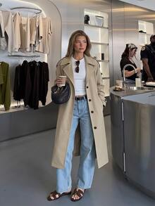 SHEIN PariChic Khaki Mid-Length Trench Coat For Women, Autumn Loose Fit Raglan Sleeve Peter Collar Minimalist Commute Single-Breasted Overcoat/Daily/Casual Solid Color Trench Jacket - Khaki - View 1