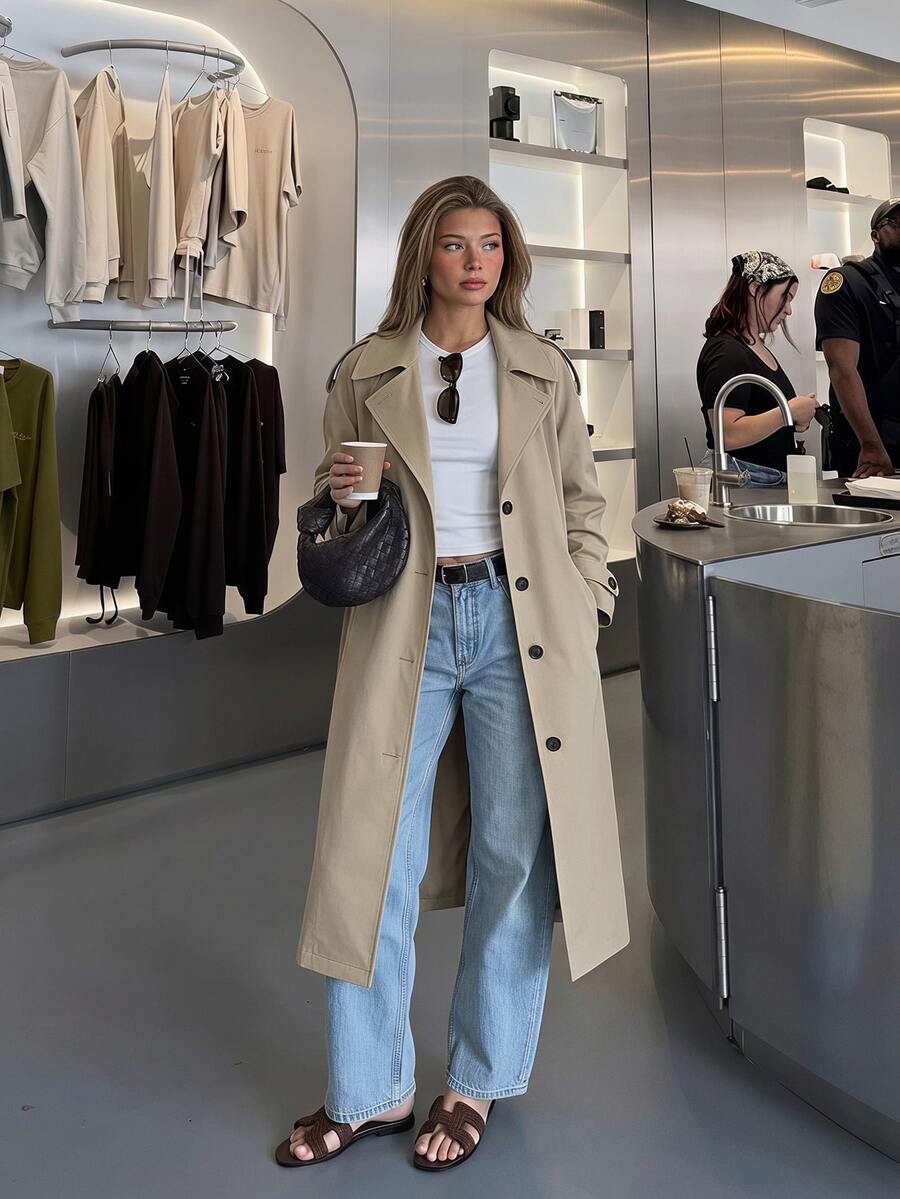 SHEIN PariChic Khaki Mid-Length Trench Coat For Women, Autumn Loose Fit Raglan Sleeve Peter Collar Minimalist Commute Single-Breasted Overcoat/Daily/Casual Solid Color Trench Jacket - Khaki - View 1