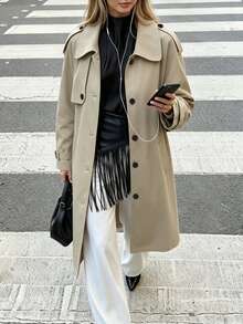 SHEIN PariChic Khaki Mid-Length Trench Coat For Women, Autumn Loose Fit Raglan Sleeve Peter Collar Minimalist Commute Single-Breasted Overcoat/Daily/Casual Solid Color Trench Jacket - Khaki - View 7