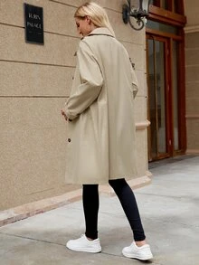 SHEIN PariChic Khaki Mid-Length Trench Coat For Women, Autumn Loose Fit Raglan Sleeve Peter Collar Minimalist Commute Single-Breasted Overcoat/Daily/Casual Solid Color Trench Jacket - Khaki - View 2