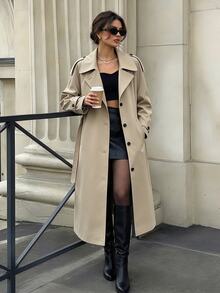 SHEIN PariChic Khaki Mid-Length Trench Coat For Women, Autumn Loose Fit Raglan Sleeve Peter Collar Minimalist Commute Single-Breasted Overcoat/Daily/Casual Solid Color Trench Jacket - Khaki - View 4