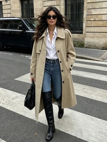 SHEIN PariChic Khaki Mid-Length Trench Coat For Women, Autumn Loose Fit Raglan Sleeve Peter Collar Minimalist Commute Single-Breasted Overcoat/Daily/Casual Solid Color Trench Jacket - Khaki - View 3