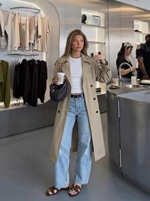 SHEIN PariChic Khaki Mid-Length Trench Coat For Women, Autumn Loose Fit Raglan Sleeve Peter Collar Minimalist Commute Single-Breasted Overcoat/Daily/Casual Solid Color Trench Jacket - Khaki - View 5