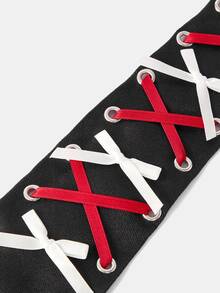 Aravennia Subculture Hot Girl Colorblock Red & White Criss-Cross Strap Pin Eyelet Button Black All-Season Versatile Shirt Accessory - Black Background With Red and White Laces - View 5