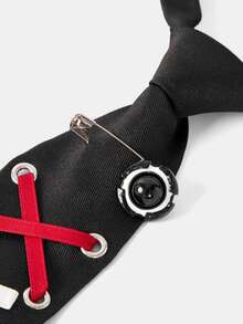 Aravennia Subculture Hot Girl Colorblock Red & White Criss-Cross Strap Pin Eyelet Button Black All-Season Versatile Shirt Accessory - Black Background With Red and White Laces - View 4