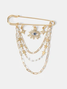 Aravennia 1pc Metal Chain Tassel Chain Star Faux Pearl Goth Devil's Eye Brooch, Decorative Pin For Bags, Scarves, Suits - Multicolor - View 2