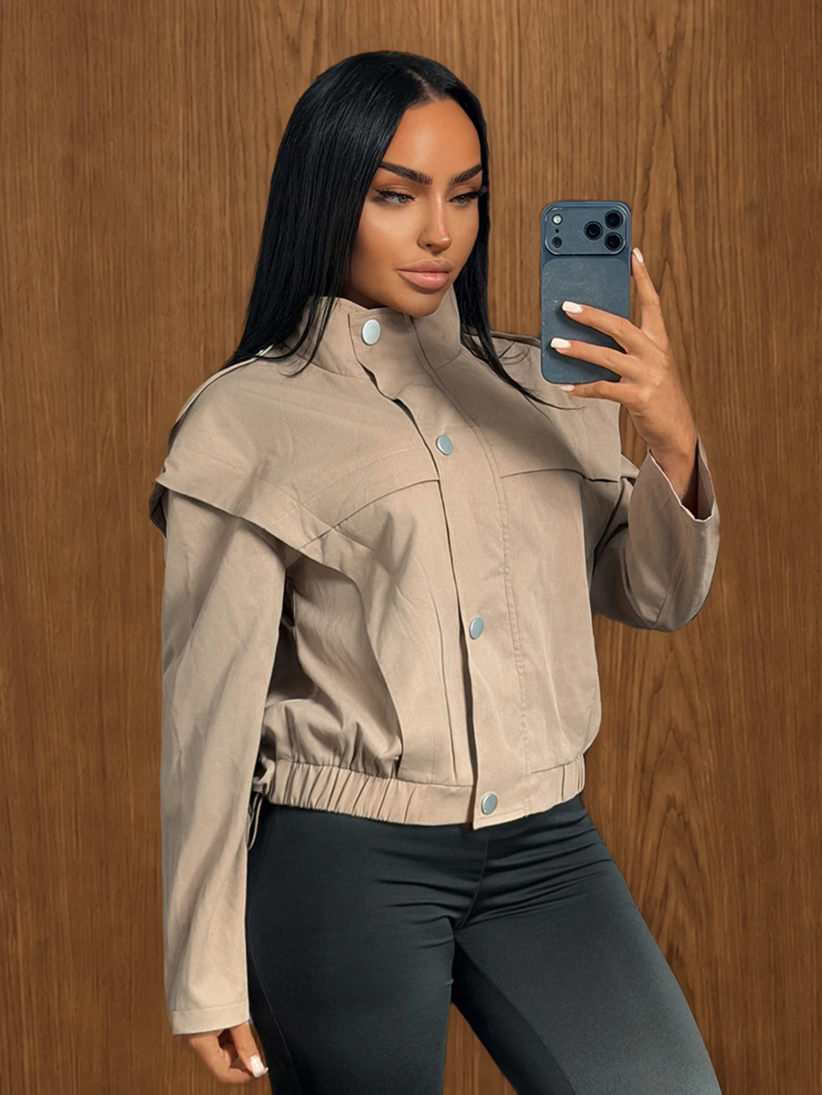 SHEIN SXY Women's Solid Color Casual Versatile Daily Long Sleeve Jacket - Khaki - View 1
