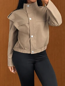SHEIN SXY Women's Solid Color Casual Versatile Daily Long Sleeve Jacket - Khaki - View 8