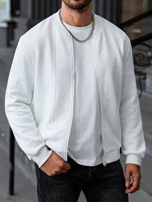 Manfinity Homme Men's Casual Zip-Up Baseball Collar Jacket,White Autumn Streetwear,City Break,Solid Color Long Sleeve Top,Old Money Style For Daily Leisure - White - View 5