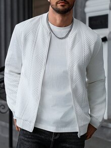 Manfinity Homme Men's Casual Zip-Up Baseball Collar Jacket,White Autumn Streetwear,City Break,Solid Color Long Sleeve Top,Old Money Style For Daily Leisure - White - View 1