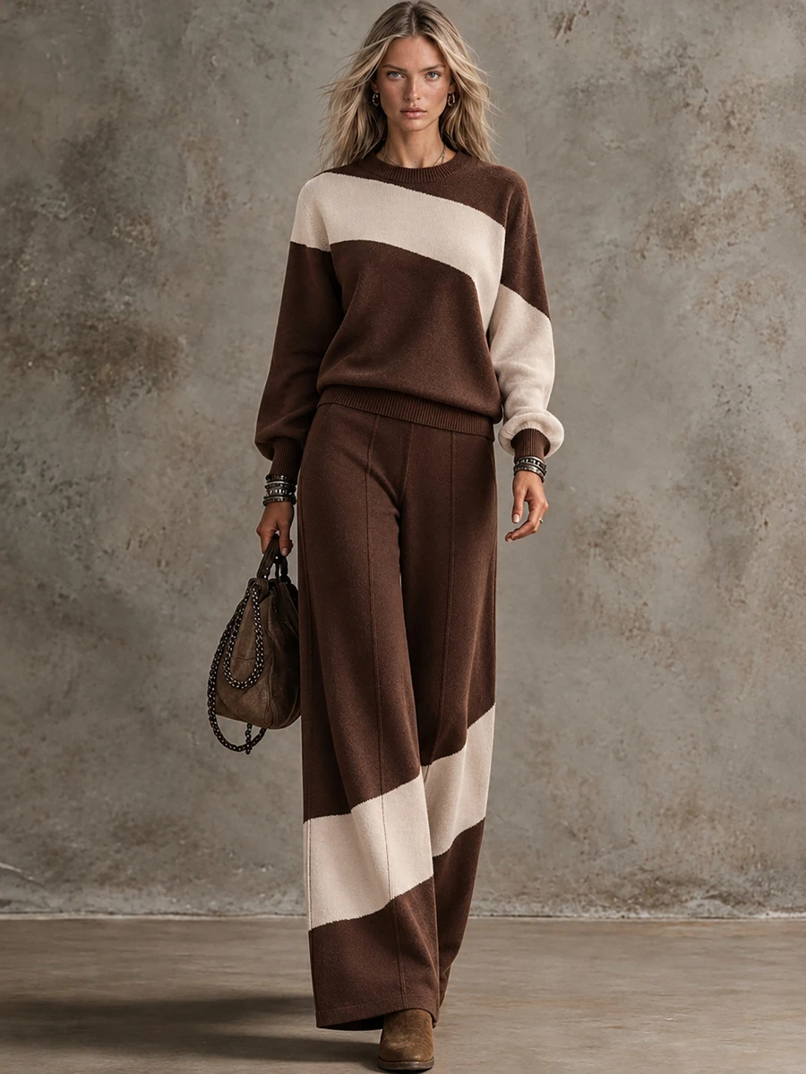 SHEIN طقم نسائي كاجوال يومي من التريكو بألوان متباينة، ملابس علوية بأكمام طويلة وبنطلون