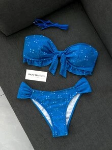 Swim Vcay Spring/Summer Solid Color Shoulder Strap Jacquard Fabric Non-Wired Bow Decor Cute Beach Holiday Swimwear Set - Blue - View 4