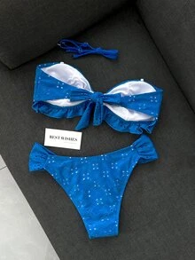 Swim Vcay Spring/Summer Solid Color Shoulder Strap Jacquard Fabric Non-Wired Bow Decor Cute Beach Holiday Swimwear Set - Blue - View 7