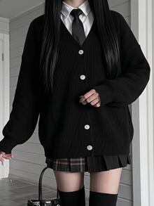 Comfortcana 大尺碼女款純色落肩長袖單排扣針織開襟衫 - 黑色 - 查看 7