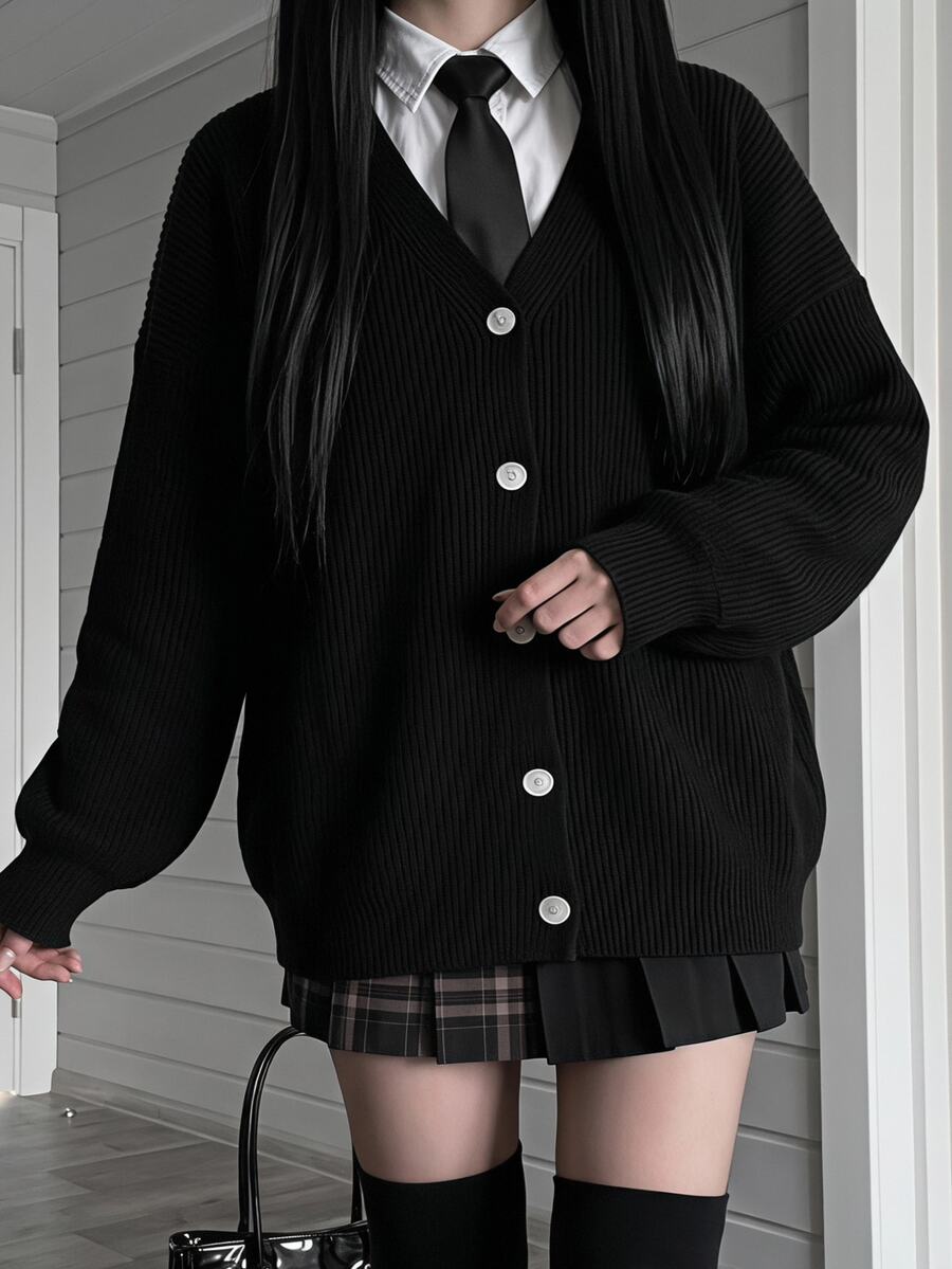 Comfortcana Cardigan Rajut Wanita Ukuran Plus Warna Polos Model Bahu Longgar Lengan Panjang Kancing Tunggal - Hitam - View 1