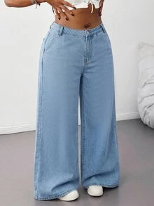 SHEIN Tall CURVE Plus Size Light Blue Elastic Waist Casual Traditional Baggy Straight Loose Fit Jeans Formal Vacation Beach Summer - Light Wash - View 5