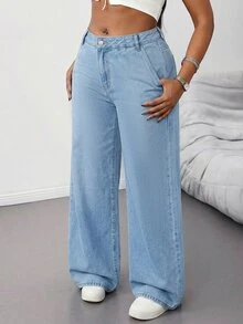 SHEIN Tall CURVE Plus Size Light Blue Elastic Waist Casual Traditional Baggy Straight Loose Fit Jeans Formal Vacation Beach Summer - Light Wash - View 9