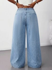 SHEIN Tall CURVE Plus Size Light Blue Elastic Waist Casual Traditional Baggy Straight Loose Fit Jeans Formal Vacation Beach Summer - Light Wash - View 7