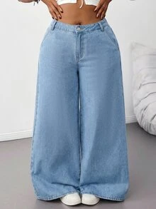 SHEIN Tall CURVE Plus Size Light Blue Elastic Waist Casual Traditional Baggy Straight Loose Fit Jeans Formal Vacation Beach Summer - Light Wash - View 6
