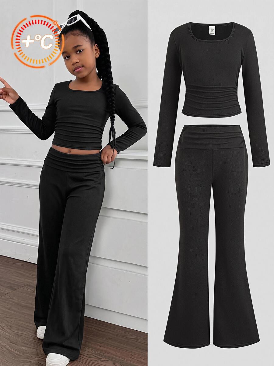 SHEIN Tween Girl Autumn/Winter Grey Long Sleeve T-Shirt Set With Thermal Lining, Casual Everyday Versatile - Dark Grey - View 1