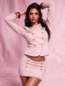 SHEIN LUNE Women's Autumn New Y2K Business Casual Elegant Fashion Dusty Pink Slim Fit Double-Breasted Long Sleeve Jacket, Versatile Short Jacket Office - Pink - View 2