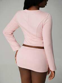 SHEIN LUNE Women's Autumn New Y2K Business Casual Elegant Fashion Dusty Pink Slim Fit Double-Breasted Long Sleeve Jacket, Versatile Short Jacket Office - Pink - View 3