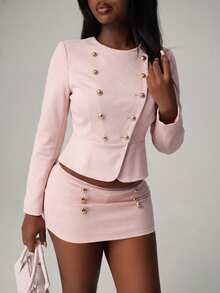 SHEIN LUNE Women's Autumn New Y2K Business Casual Elegant Fashion Dusty Pink Slim Fit Double-Breasted Long Sleeve Jacket, Versatile Short Jacket Office - Pink - View 8