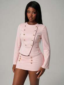 SHEIN LUNE Women's Autumn New Y2K Business Casual Elegant Fashion Dusty Pink Slim Fit Double-Breasted Long Sleeve Jacket, Versatile Short Jacket Office - Pink - View 5