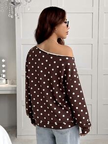 SHEIN EZwear 女款不對稱肩長袖棕色與白色波點運動衫，返校大學風休閒復古極簡日常百搭 - 彩色 - 查看 2