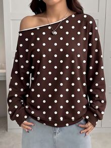SHEIN EZwear 女款不對稱肩長袖棕色與白色波點運動衫，返校大學風休閒復古極簡日常百搭 - 彩色 - 查看 3