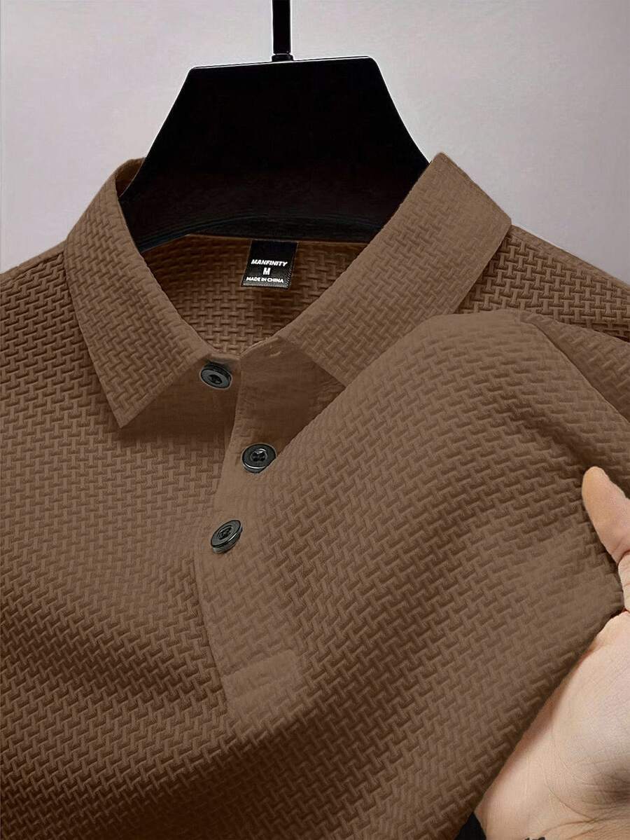 Manfinity Homme 男士純色前開鈕扣短袖休閒棕色 Polo 衫，正式款 - 咖啡棕 - 查看 1