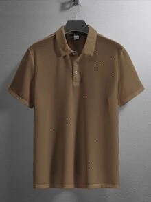 Manfinity Homme 男士純色前開鈕扣短袖休閒棕色 Polo 衫，正式款 - 咖啡棕 - 查看 5