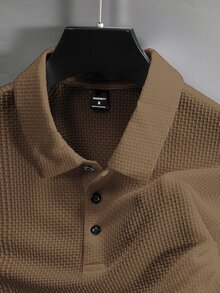 Manfinity Homme 男士純色前開鈕扣短袖休閒棕色 Polo 衫，正式款 - 咖啡棕 - 查看 6