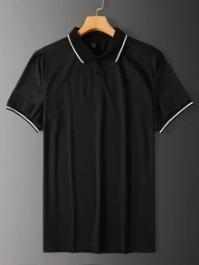 Manfinity Homme Men's Front Button Striped Polo Shirt, Casual Daily Wear, Formal - Black - View 7
