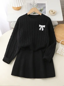 青少年女孩黑色特殊刺繡圓領針織套頭毛衣加百褶裙套裝，柔軟舒適，適合外出、旅行、度假與玩樂 - 黑色 - 查看 1