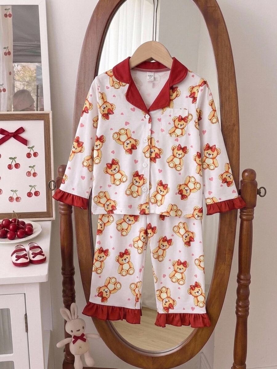 Young Girl Cute Bear Print Pajama Set Long Sleeve Button Down Sleepwear Young Girl Matching Pjs Lounge Set - Red and White - View 1