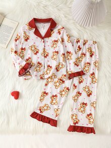 少女可愛熊圖案長袖鈕扣式睡衣套裝，女童套裝居家休閒睡衣 - 紅白色 - 查看 10
