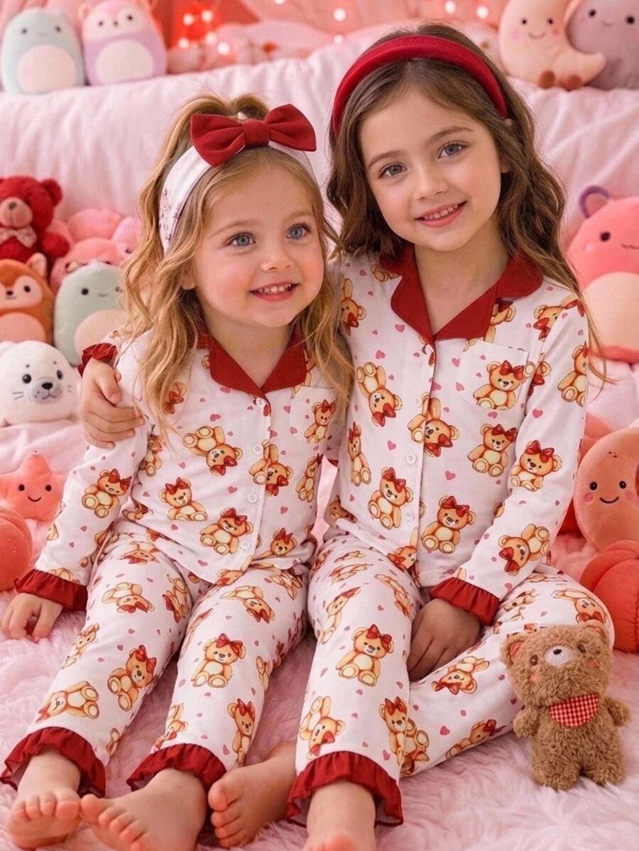 Young Girl Cute Bear Print Pajama Set Long Sleeve Button Down Sleepwear Young Girl Matching Pjs Lounge Set - Red and White - View 1