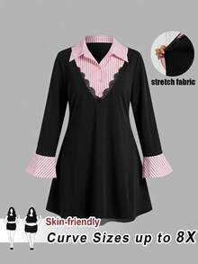 SHEIN CURVE+ 大尺碼女款條紋假兩件拼接休閒日常夏季洋裝 - 黑色 - 查看 6