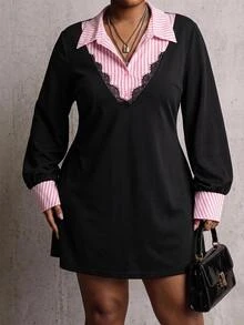 SHEIN CURVE+ 大尺碼女款條紋假兩件拼接休閒日常夏季洋裝 - 黑色 - 查看 7