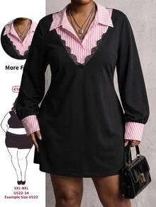 SHEIN CURVE+ 大尺碼女款條紋假兩件拼接休閒日常夏季洋裝 - 黑色 - 查看 1