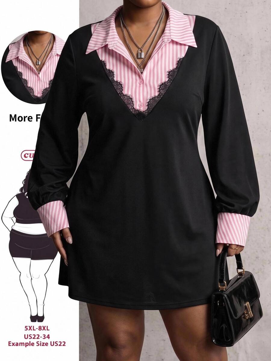 SHEIN CURVE+ 大尺碼女款條紋假兩件拼接休閒日常夏季洋裝 - 黑色 - 查看 1