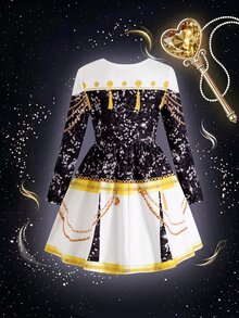 SHEIN 少女亮片印花圓領長袖表演洋裝 - 黑與白 - 查看 7