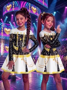 SHEIN 少女亮片印花圓領長袖表演洋裝 - 黑與白 - 查看 5