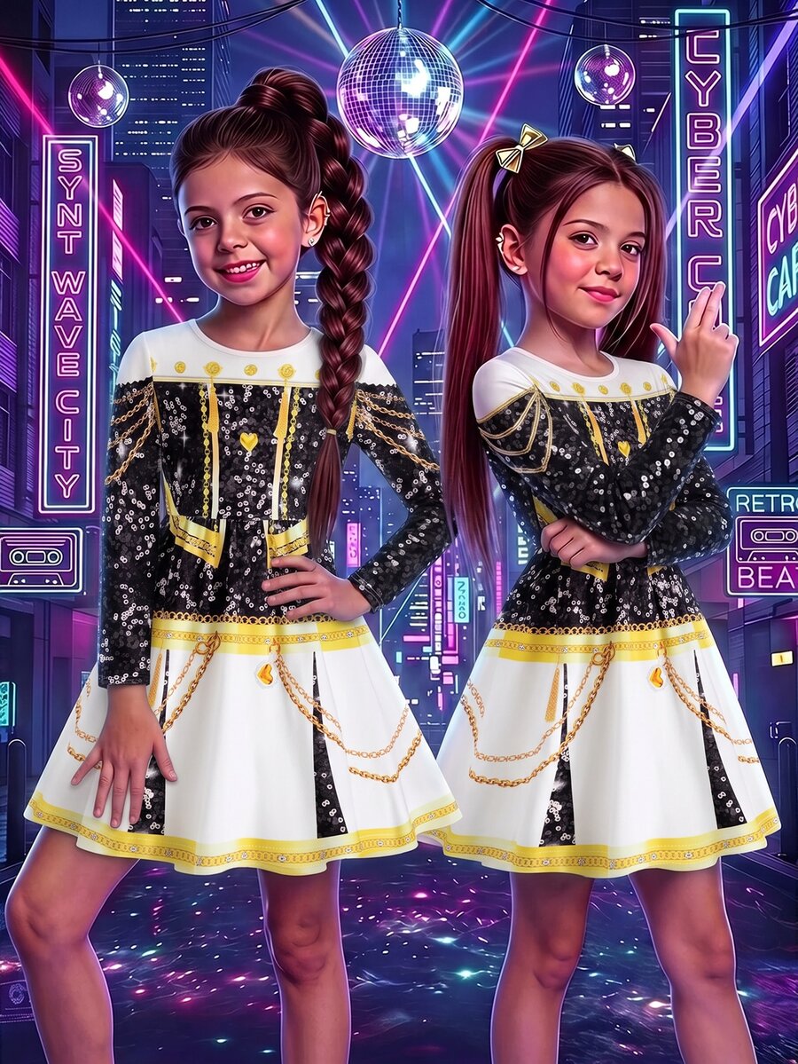 SHEIN 少女亮片印花圓領長袖表演洋裝
