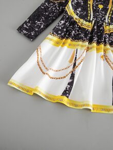 SHEIN 少女亮片印花圓領長袖表演洋裝 - 黑與白 - 查看 8